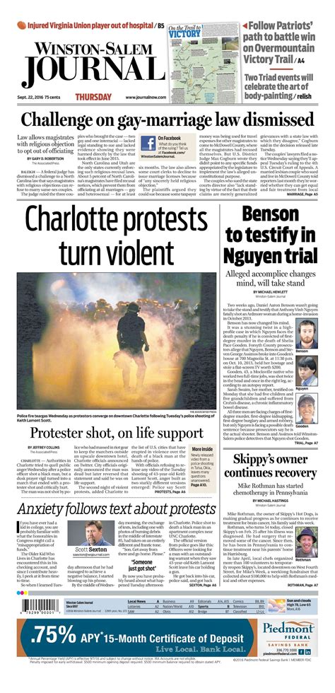 The Winston-Salem Journal is an American daily newspaper primarily serving the city of Winston-Salem, North Carolina, and its county, Forsyth County, North Carolina. It also features coverage of Northwestern North Carolina and circulates as far west as Tennessee and north to Virginia. Source.